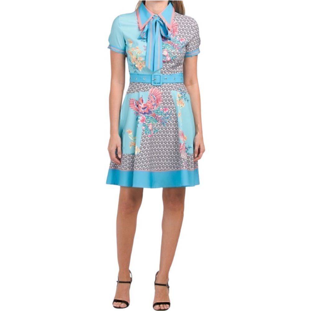 NWT Dalia MacPhee Short Sleeve Tie Neck Patchwork Mini Dress
